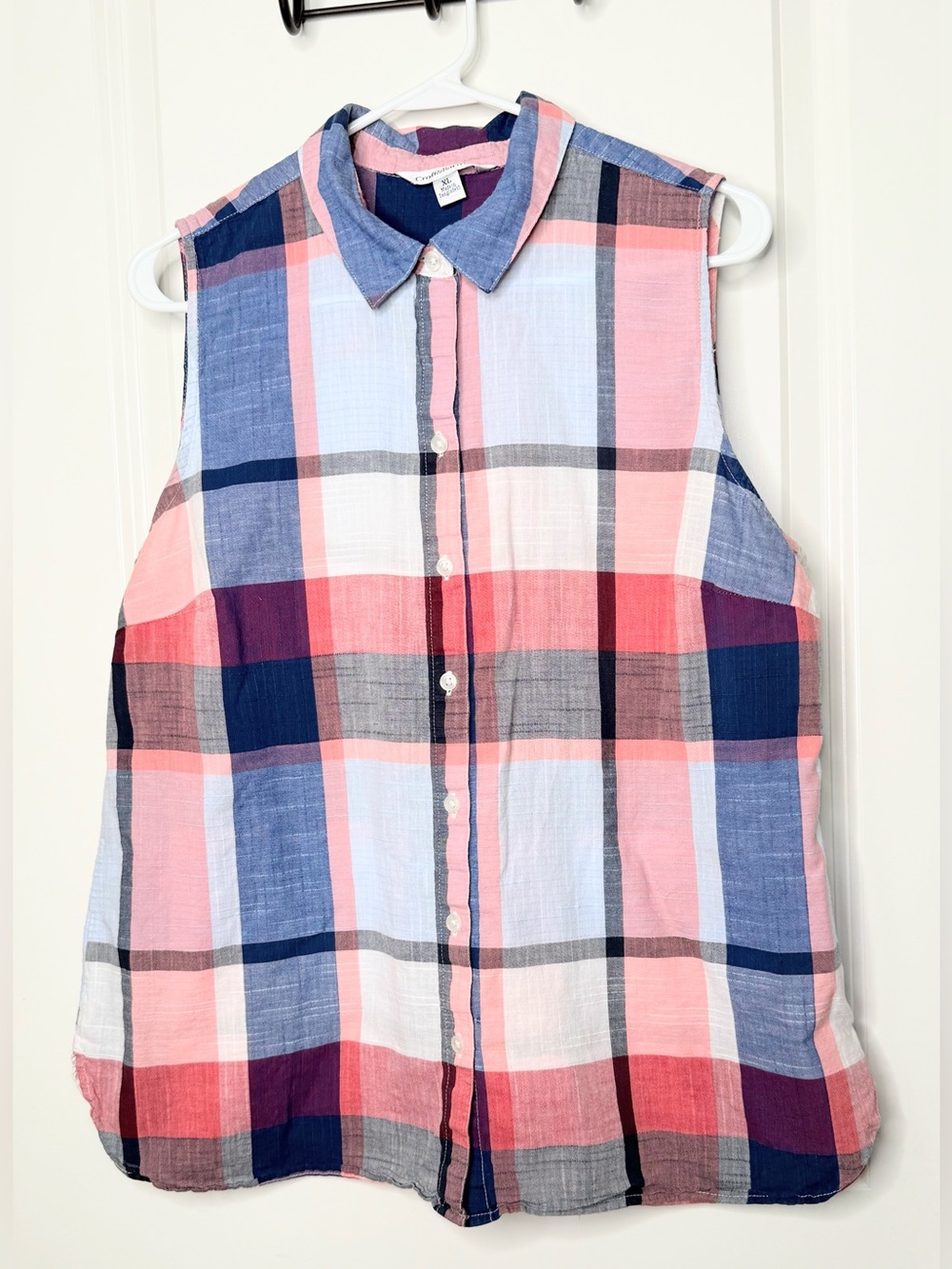 Croft & Barrow Womens XL Plaid Sleeveless Button Down Shirt Pink Blue Cotton